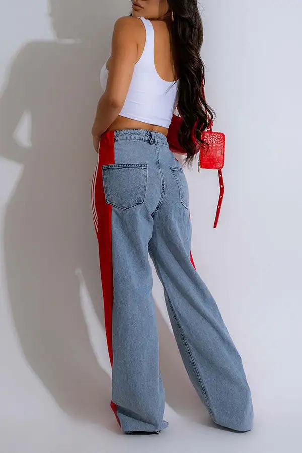 Colorblock Patchwork Washed Wide-Leg Jeans