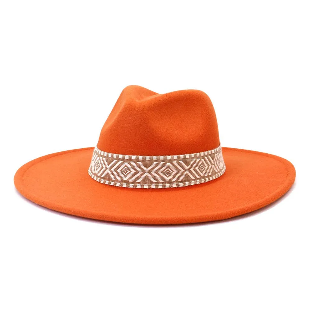 Big Brim Peach Heart Top Aztec Pattern Belt Jazz Hat