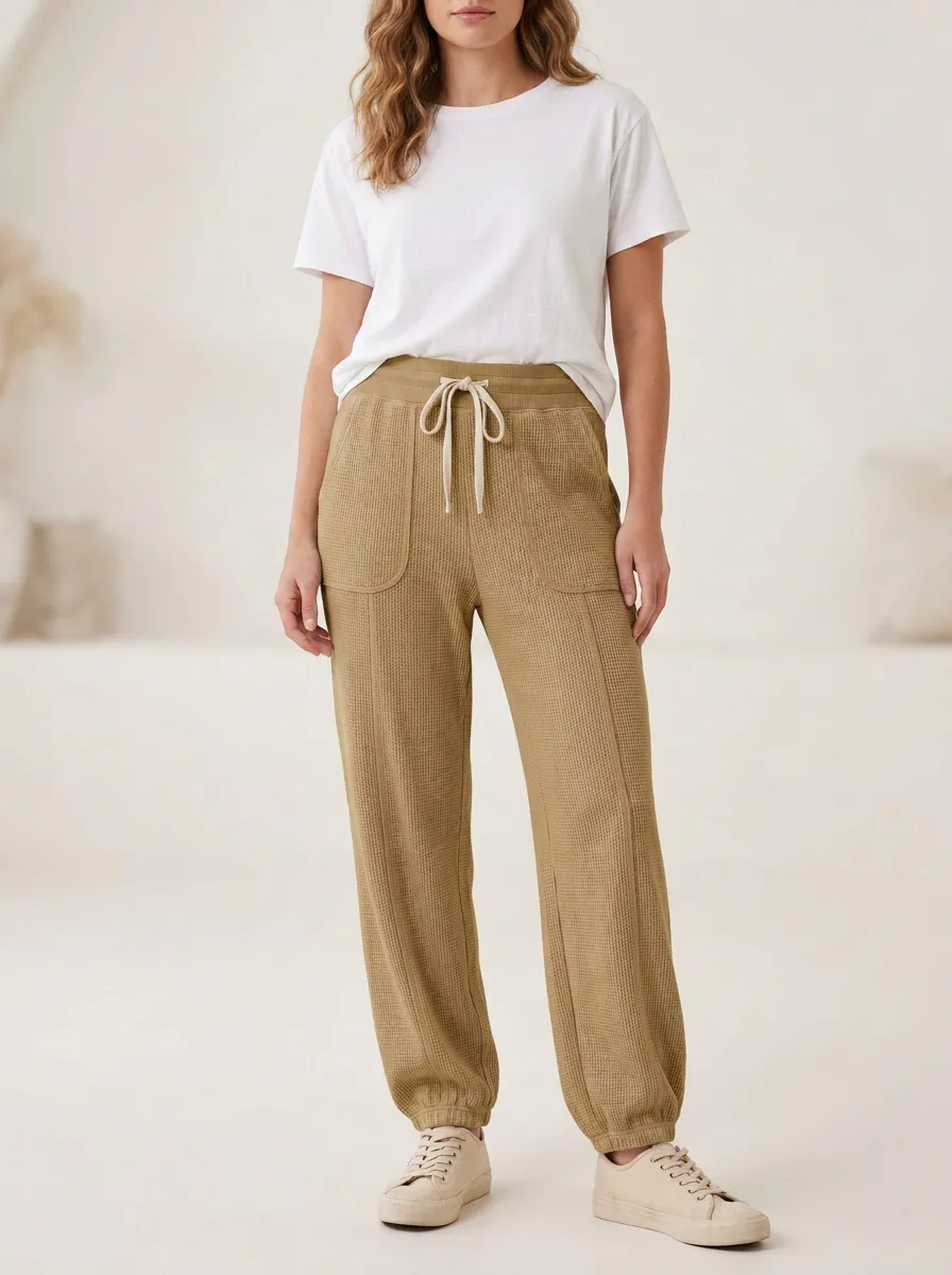 Women's Casual Lounge Waffle Knit Drawstring Jogger Pants