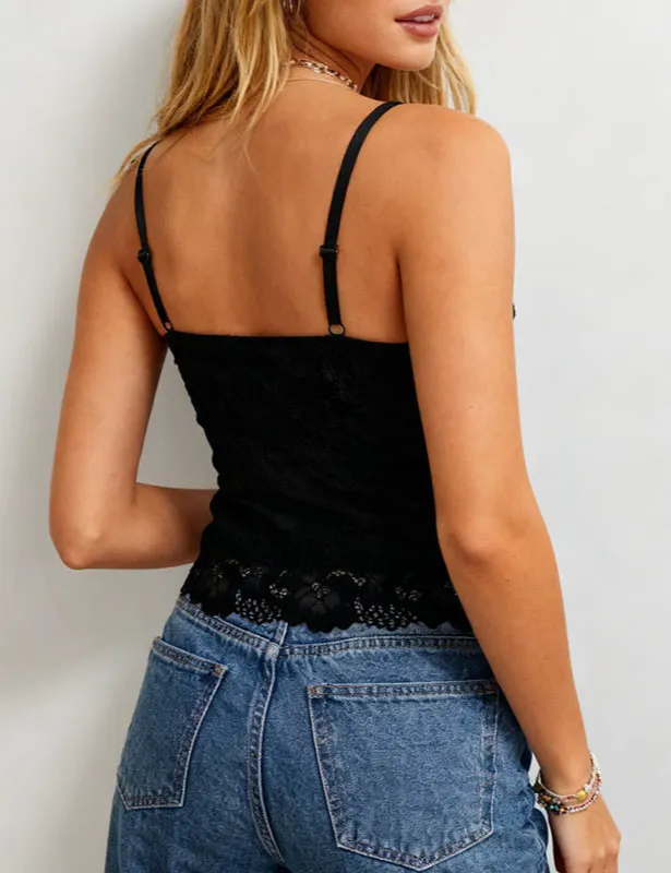 Romantic Sheer Lace V Neck Spaghetti Strap Cami Top