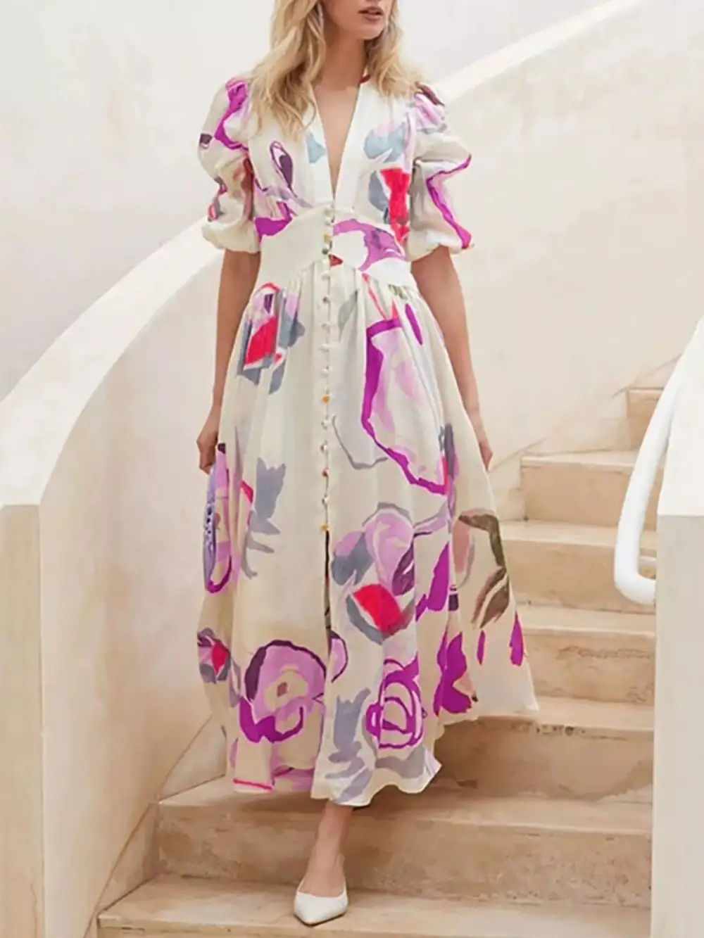 Abstract Print Puff Sleeve Midi Dress