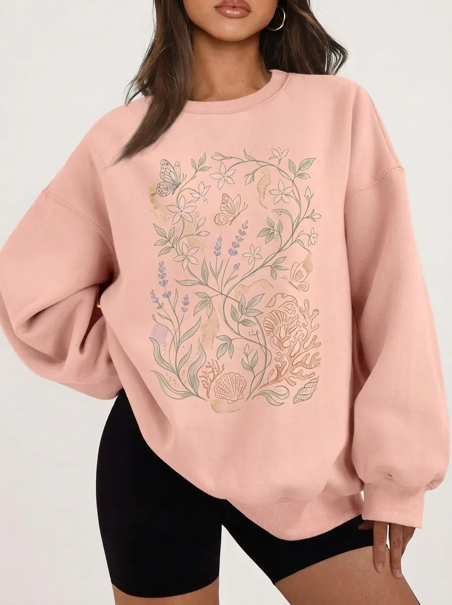 Women's Nature Lover Butterfly Floral Seashell Printed Sweatshirt