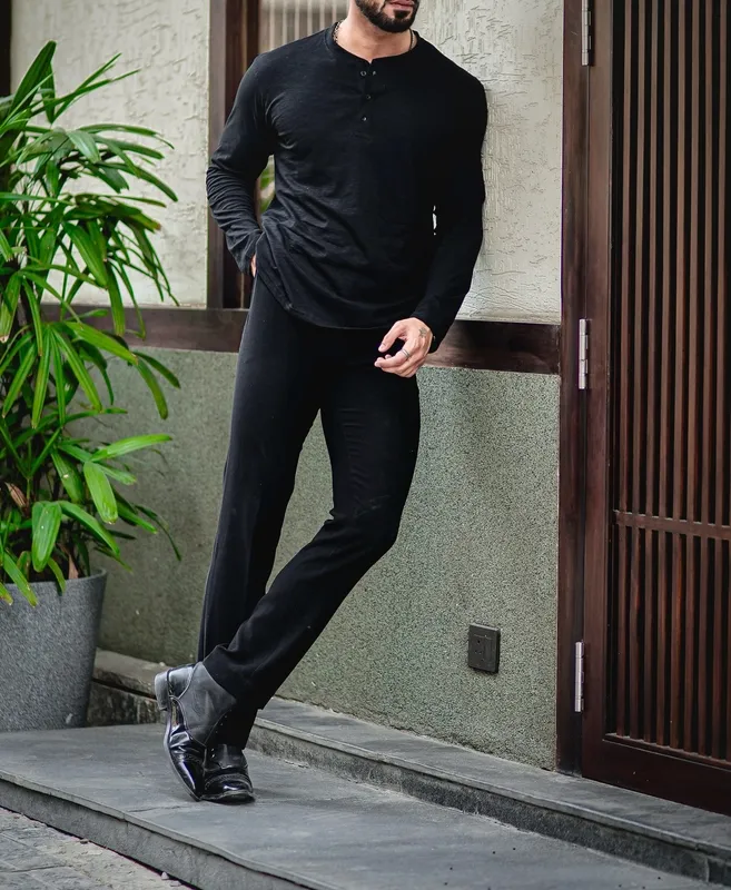 Black Henley Neck Long Sleeve Casual Top