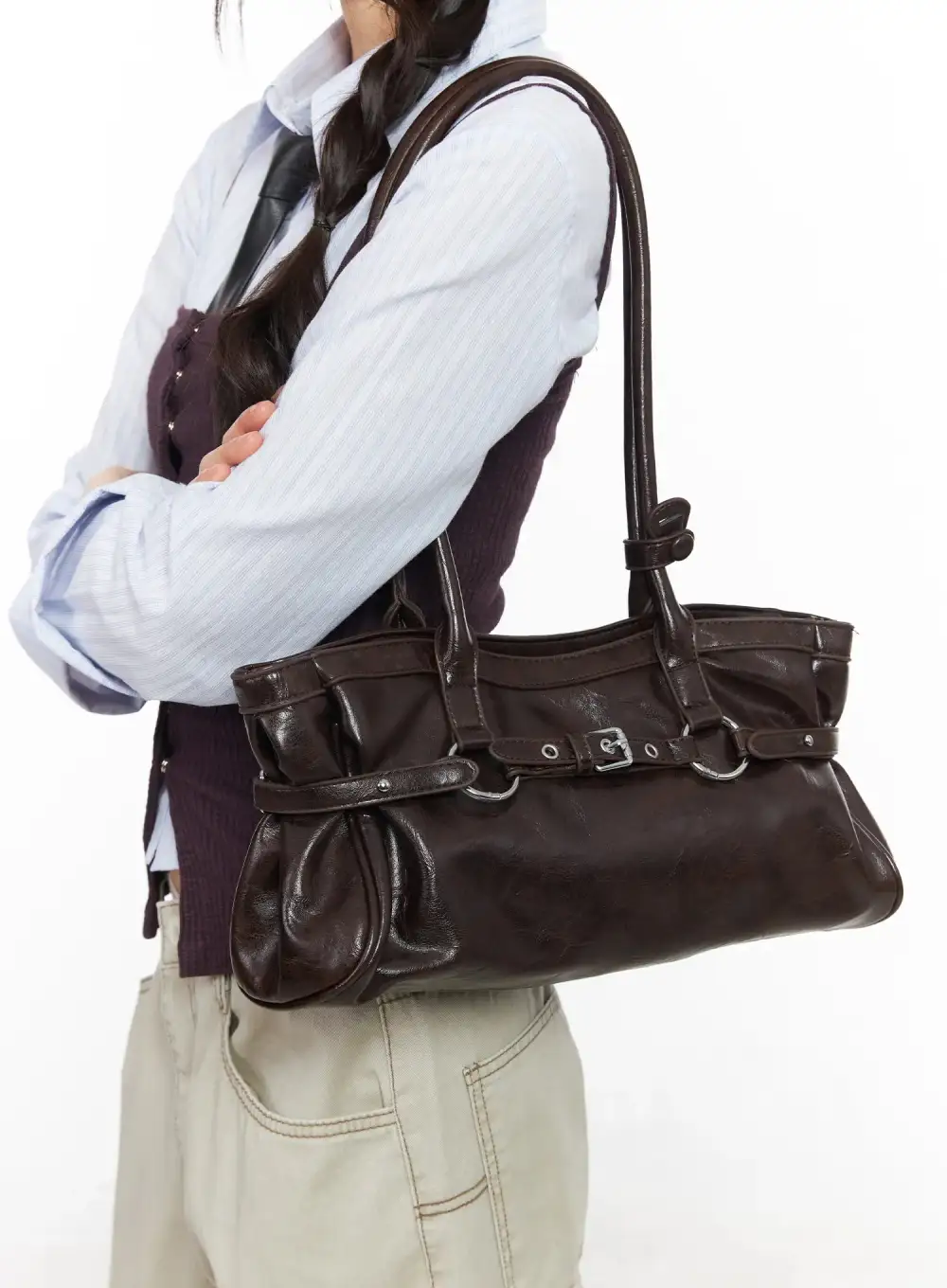 Buckle Accent Faux Leather Shoulder Bag