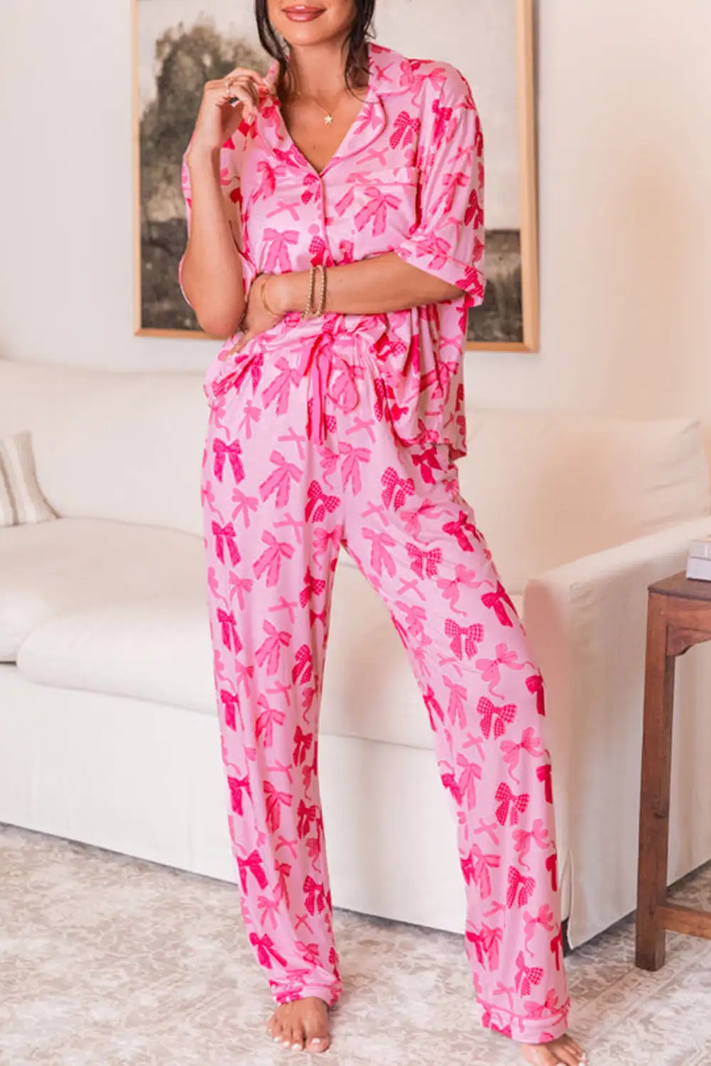 Bow Knot Print Lapel Collar Short Sleeve and Pants Set