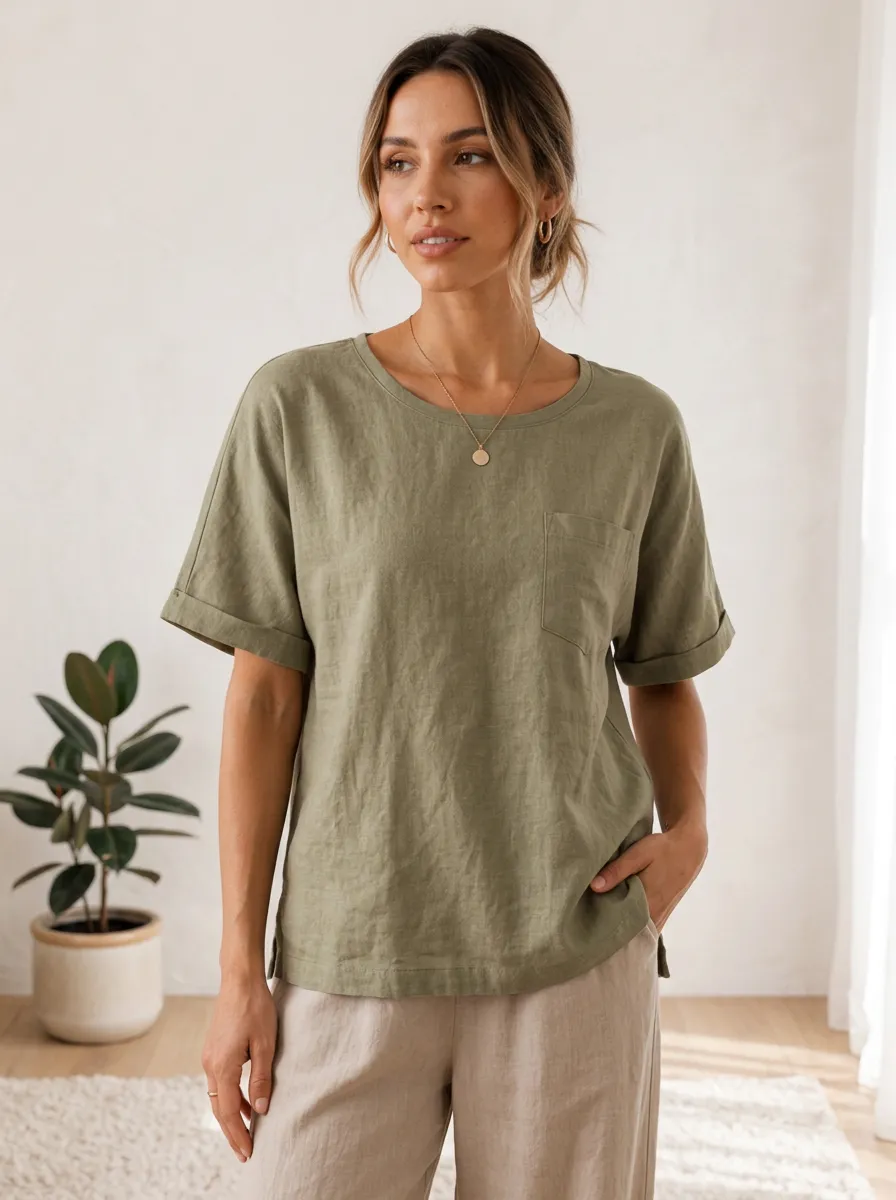Women's Casual Olive Green Linen Blend Pocket T-shirt