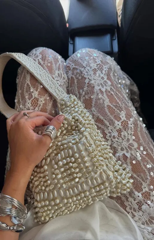 White Sequin Lace Sheer Pants