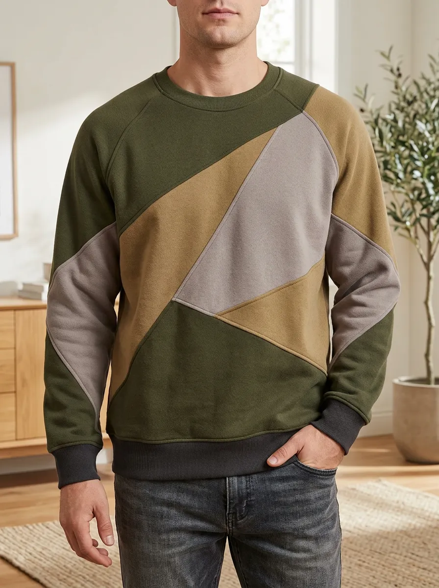 Men's Multi-Panel Colorblock Crewneck Sweatshirt Geometric