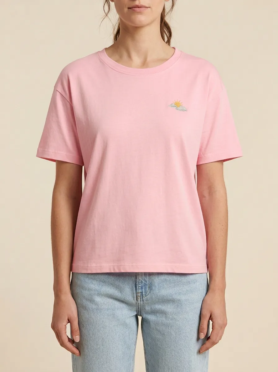 Women's Minimalist Sun & Cloud Embroidered Crewneck T-Shirt