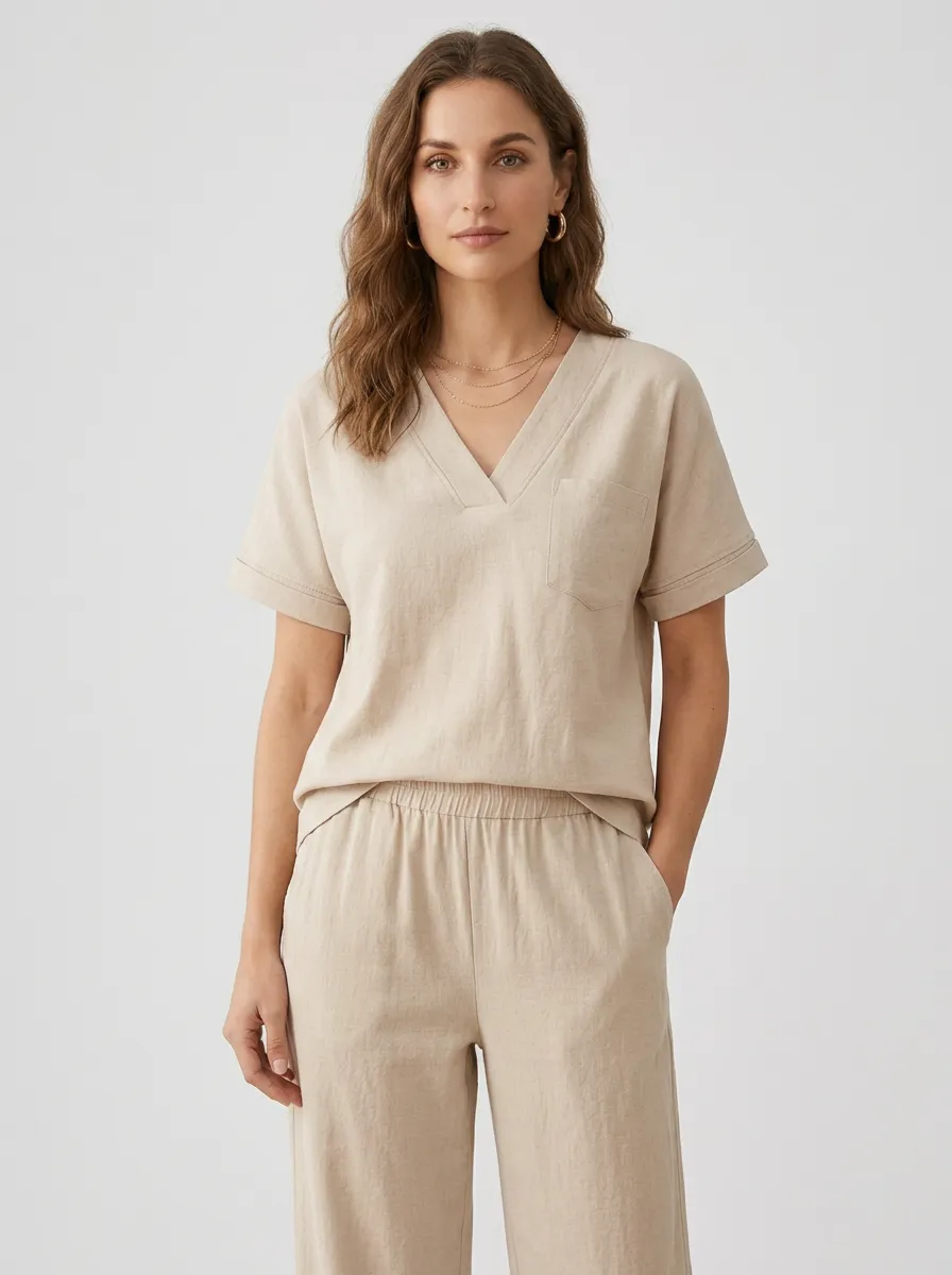 Linen-Look Relaxed Women's V-Neck Casual Lounge Set