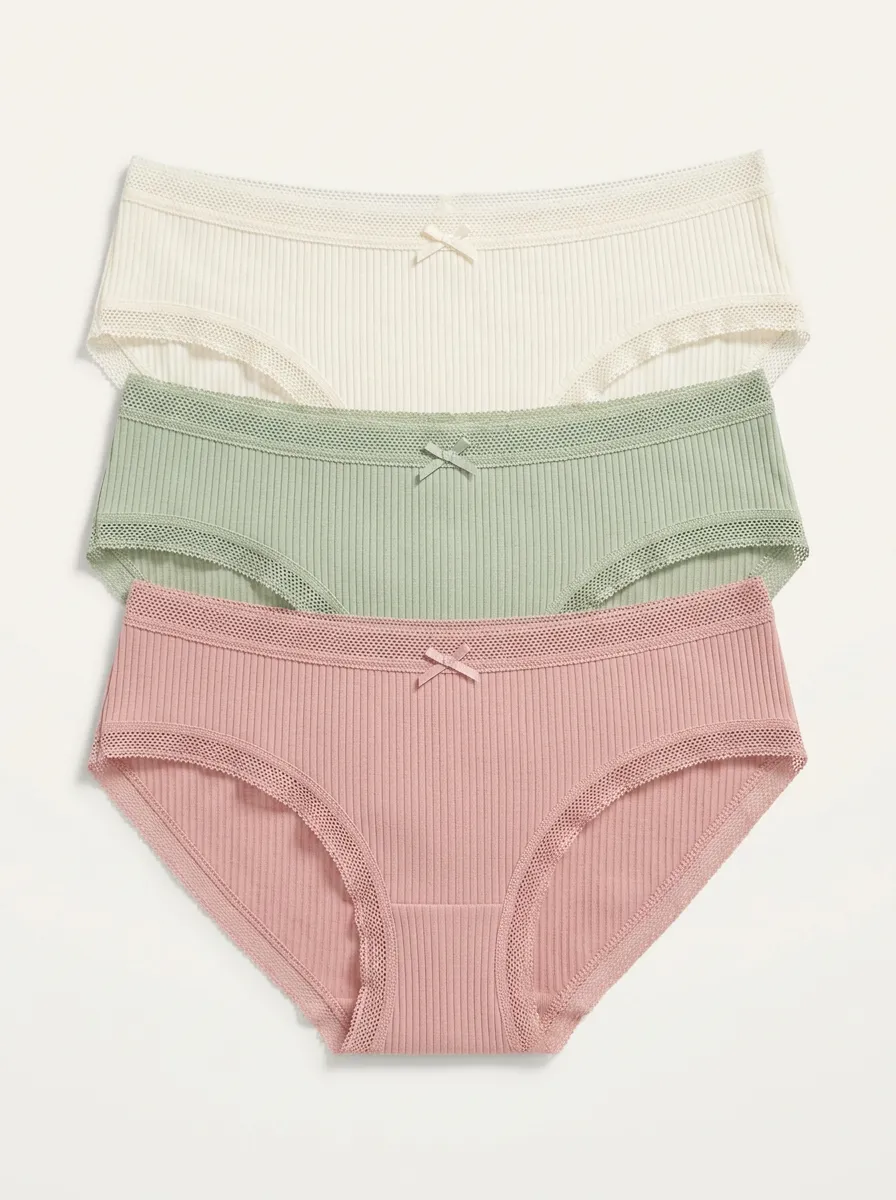Minimalist Lace-Trim Ribbed Women's Three-Piece Panty Set