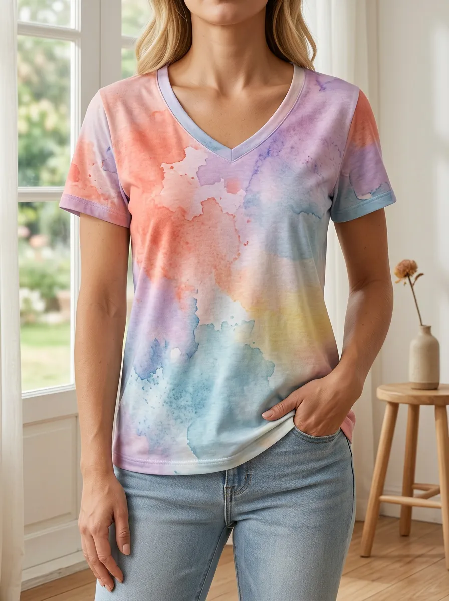 Women's Layered Pastel Watercolor Abstract V-Neck T-Shirt