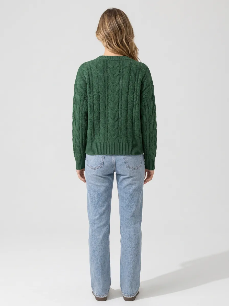 Women's Forest Green Cable Knit Embroidered Sweater