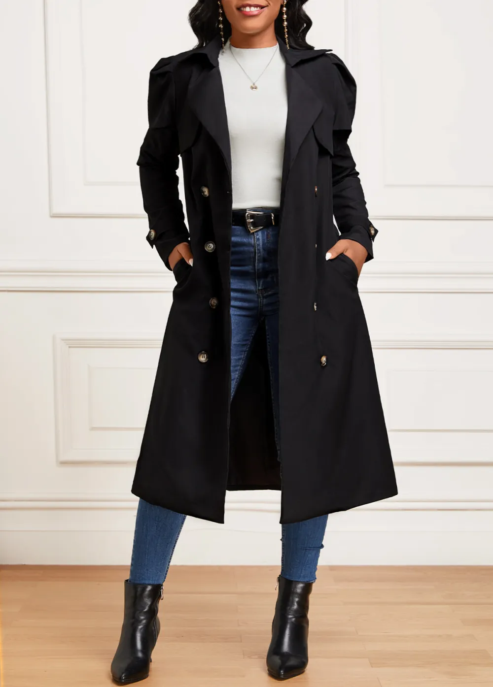 Black Pocket Long Sleeve Lapel Trench Coat
