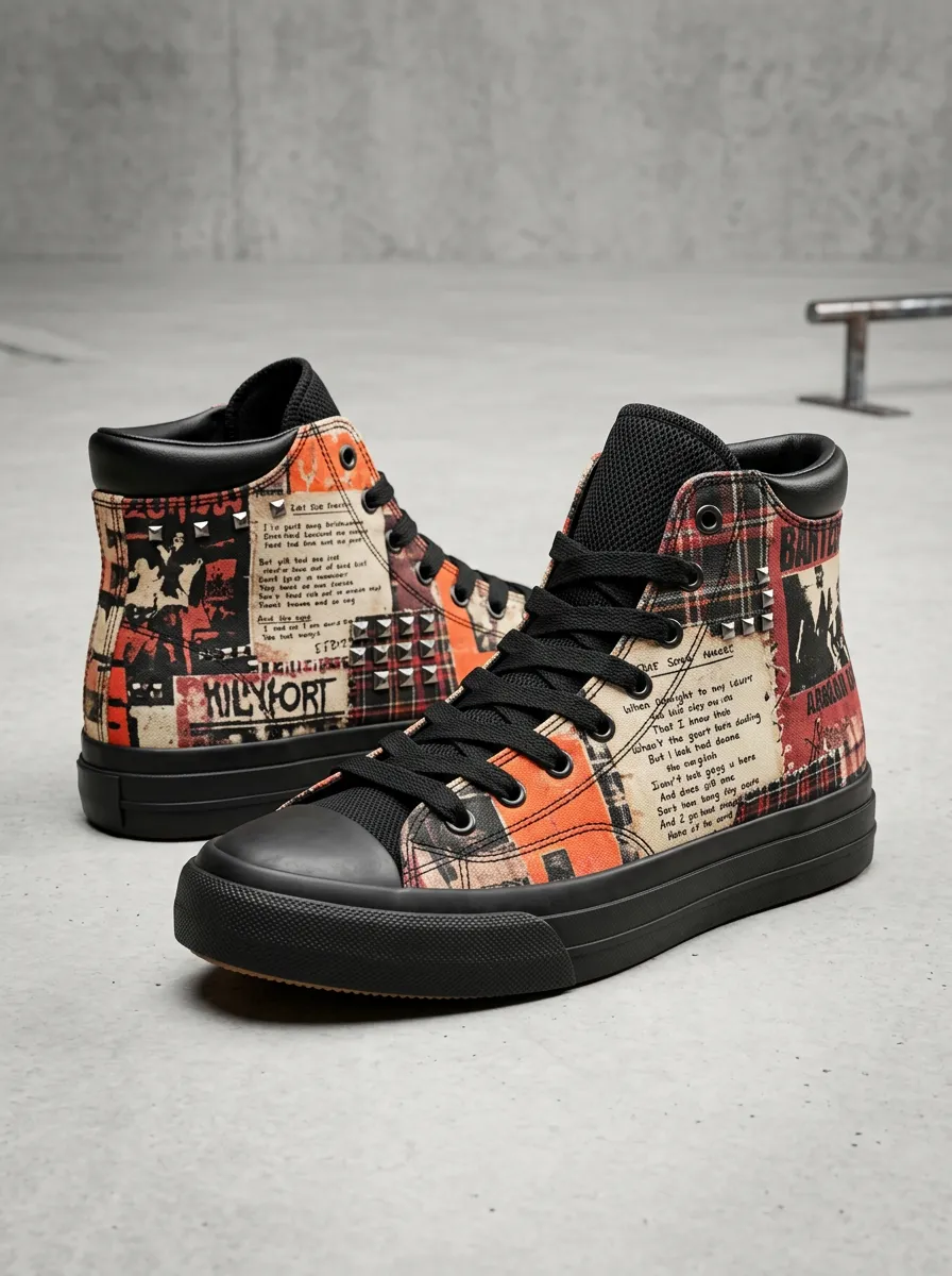 Men's Punk Rock Plaid Newspaper Collage Printed Canvas Shoes