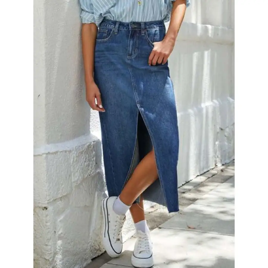 Raw Hem Front Slit Denim Midi Skirt
