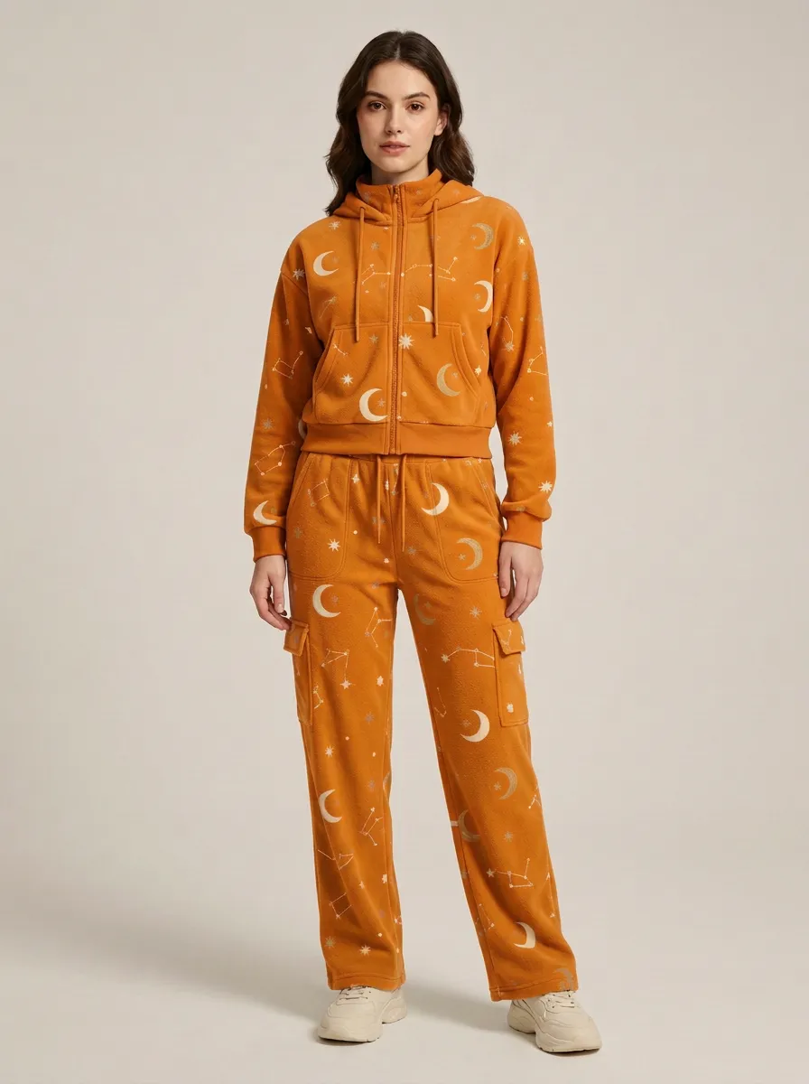 Women's Celestial Print Zip-Up Hoodie And Cargo Jogger Set