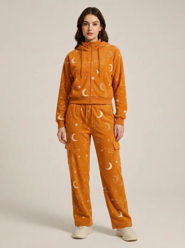 Women's Celestial Print Zip-Up Hoodie And Cargo Jogger Set