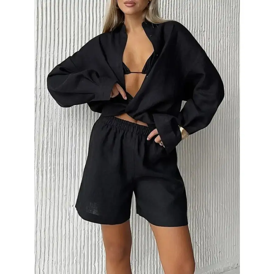 Button Up Long Sleeve Shirt and Shorts Set