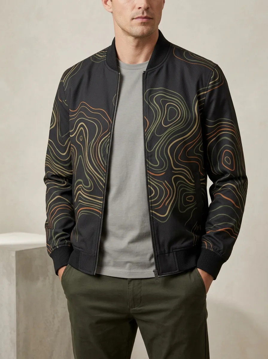 Men's Outdoor Hiking Enthusiast Topographic Map Printed Bomber Jacket