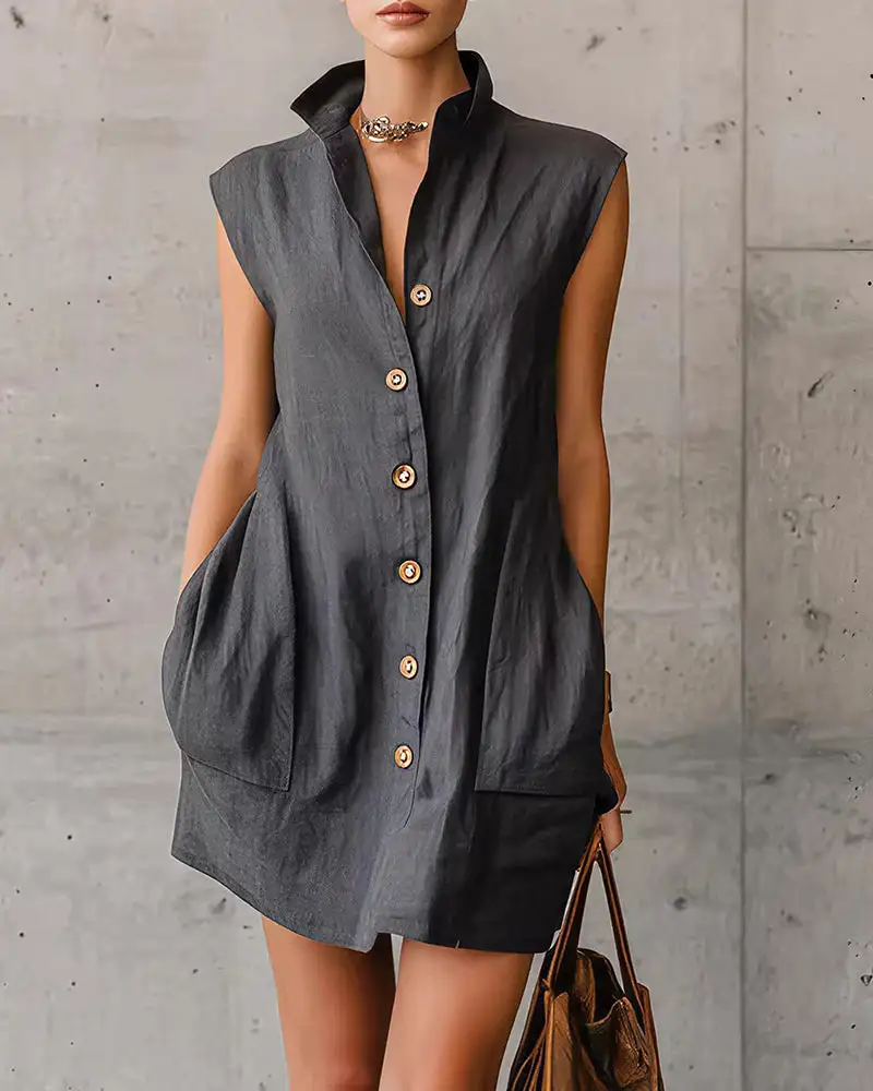 Sleeveless Stand Collar Button-Down Shirt Dress With Pockets