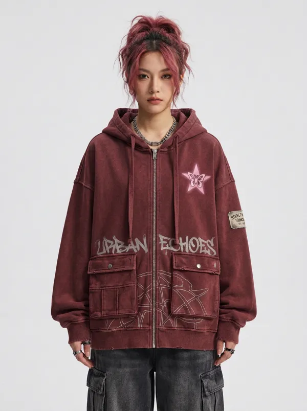 Women's Streetwear Butterfly Star Printed Zip-up Hoodie