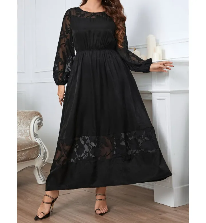 Plus Size Embroidery Round Neck Long Sleeve Maxi Dress