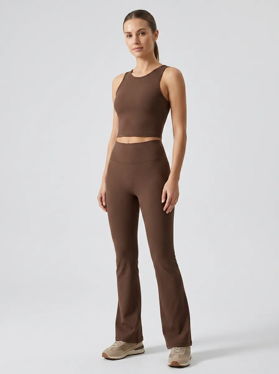 Ribbed Cropped Fitness Flared-Leg Women's Tank Top Flare Pants Active Set