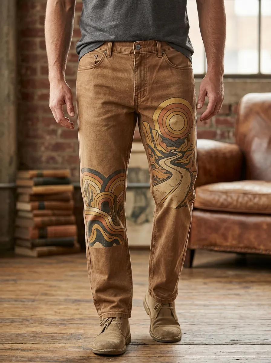 Men's Retro Desert Landscape Road Printed Pants