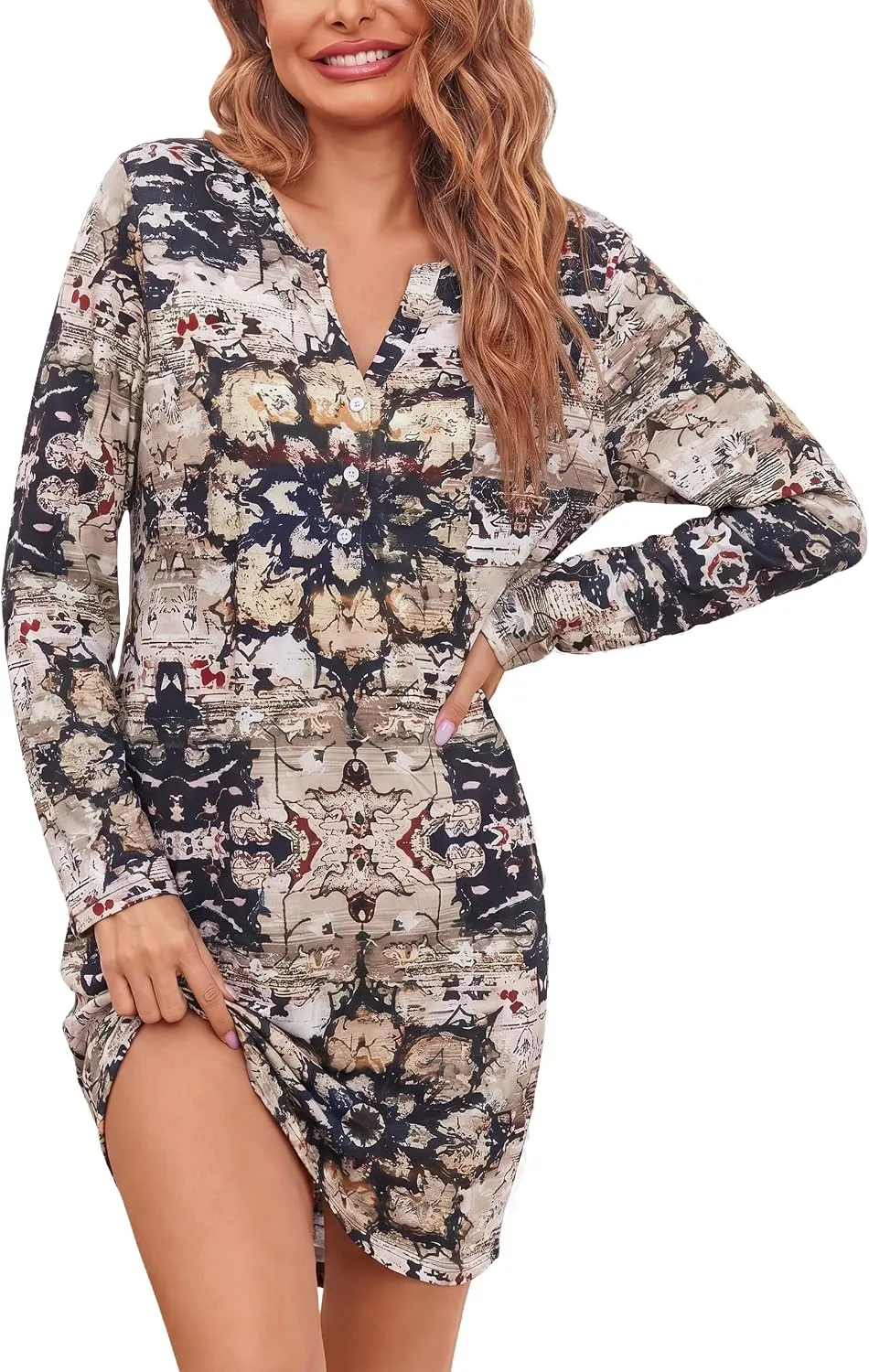 Ekouaer Women's Nightgowns Long Sleeve Button Down V Neck Pajama Dress