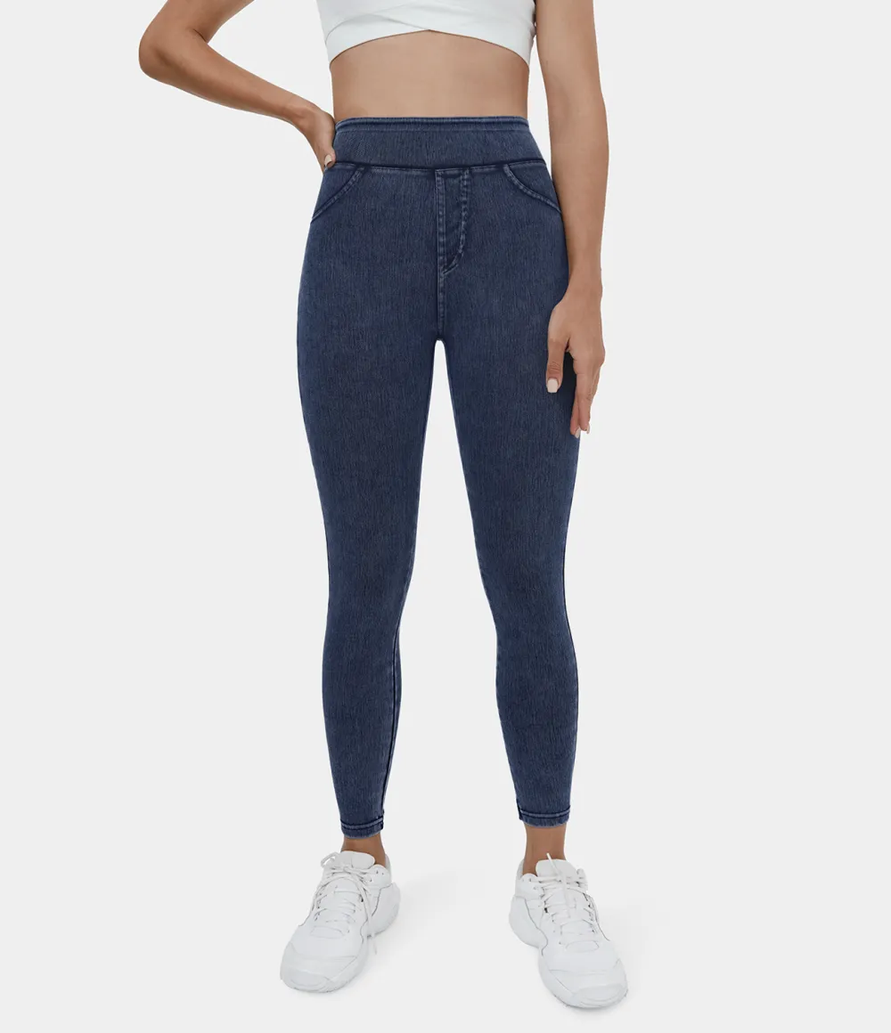 Magic High Waisted Back Side Pocket Stretchy Knit Denim Casual Leggings