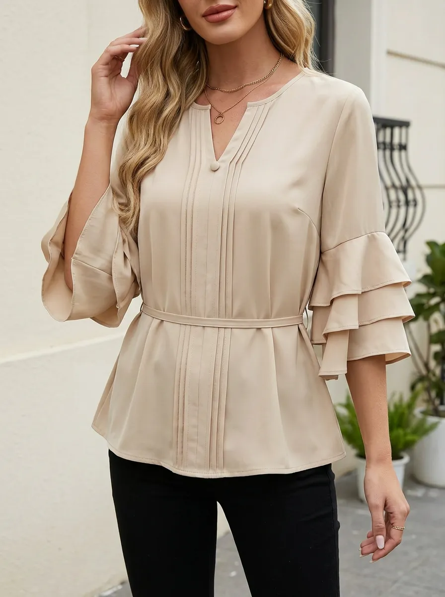 Pleated Ruffle Sleeve Blouse