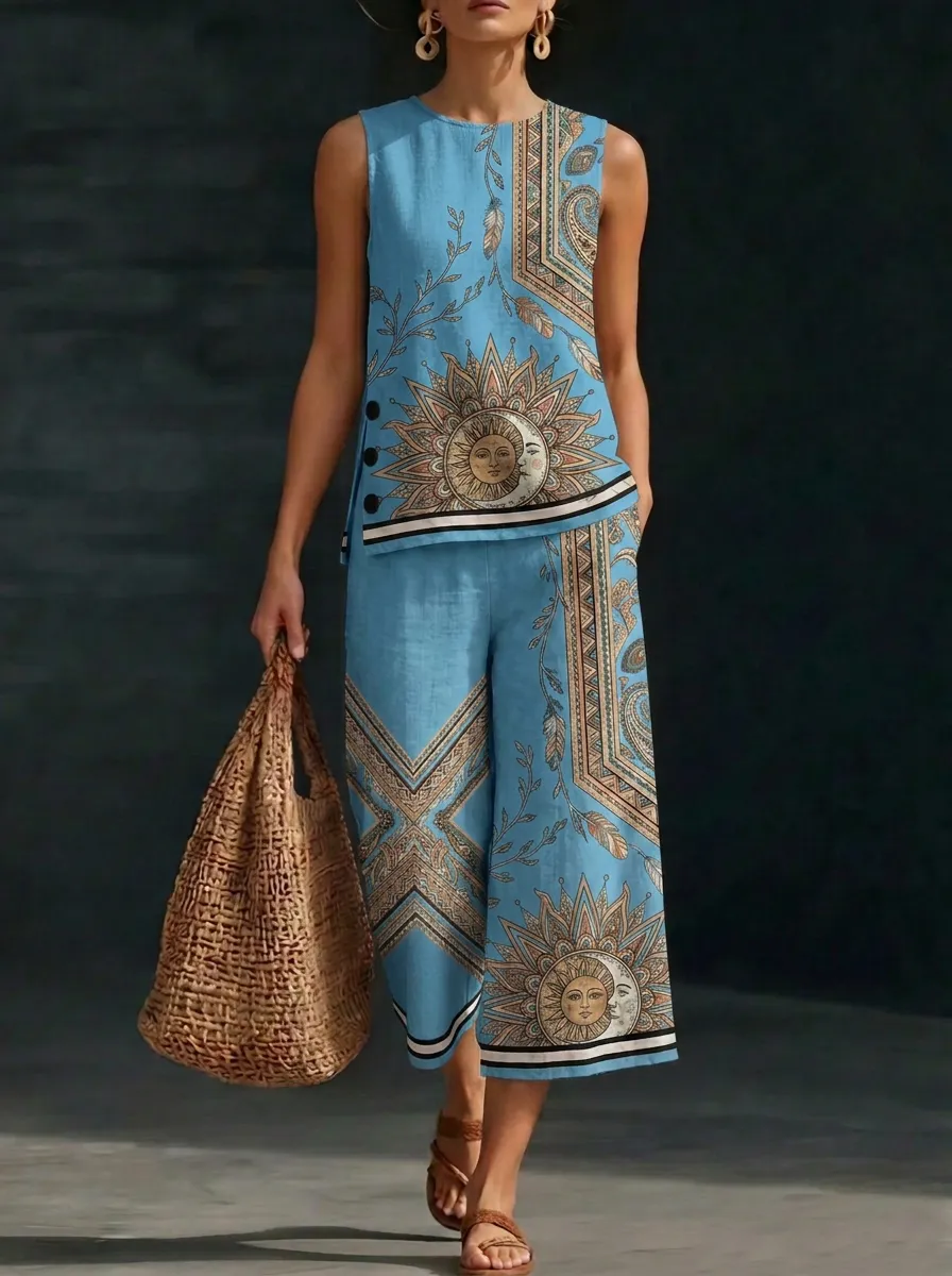 Women's Boho Sun Moon Paisley Printed Sleeveless Set