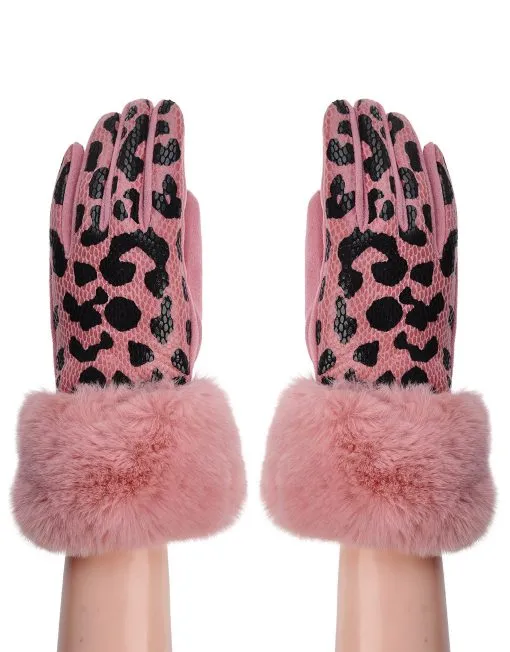 Leopard Print Fur Trim Gloves