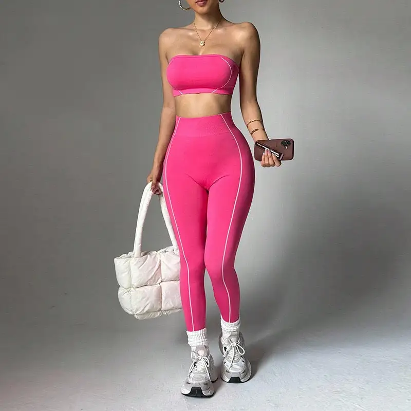 Strapless Bandeau Crop Top and High-Waisted Leggings Activewear Set