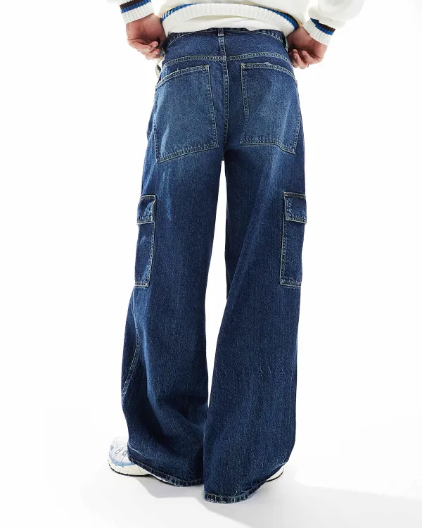 Super Baggy Cargo Jeans In Dark Wash Blue