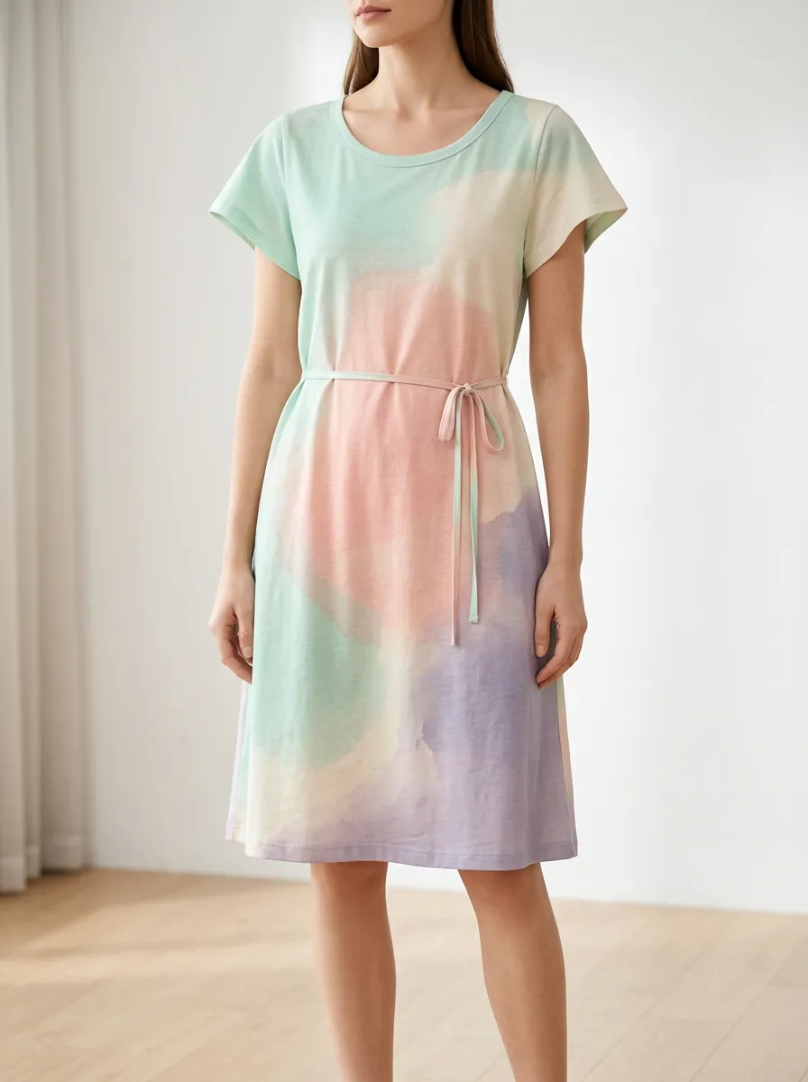 Women's Pastel Watercolor Print Tie-Waist T-Shirt Dress