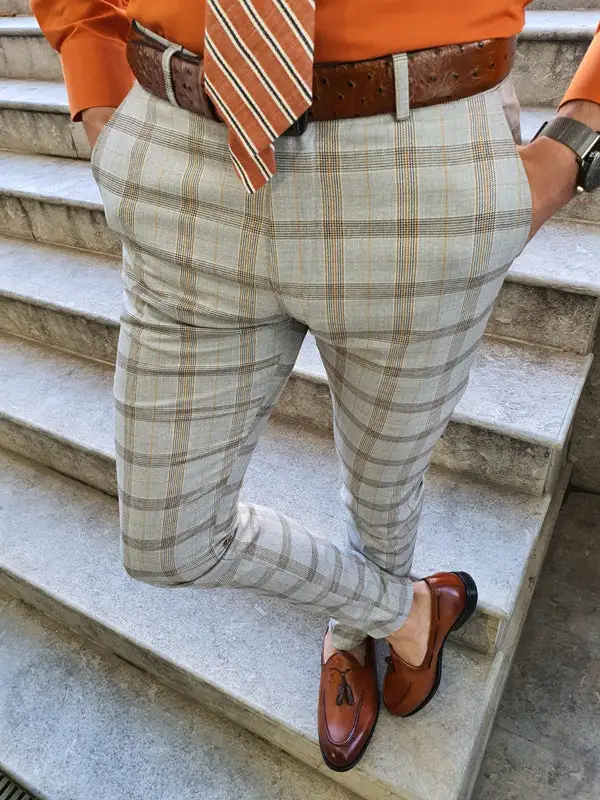 Refined Structured Slim Fit Plaid Tailored Trousers