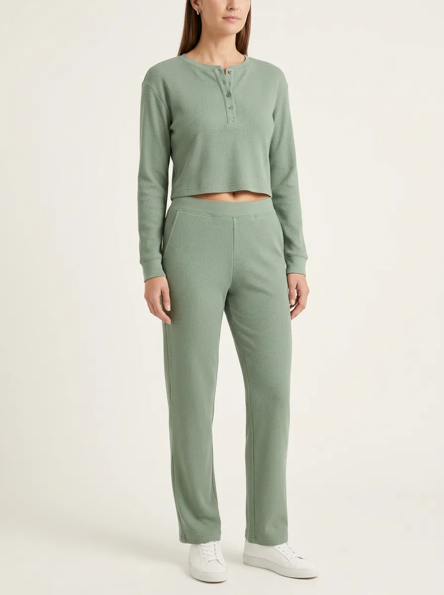 Women's Waffle-Knit Henley Boxy Crop Top and Straight-Leg Trouser Set