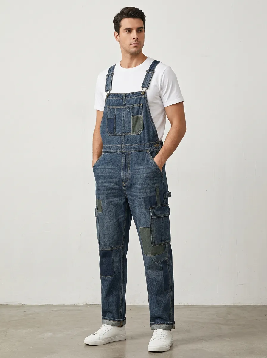 Patchwork Denim Cargo Flap Pocket Overalls