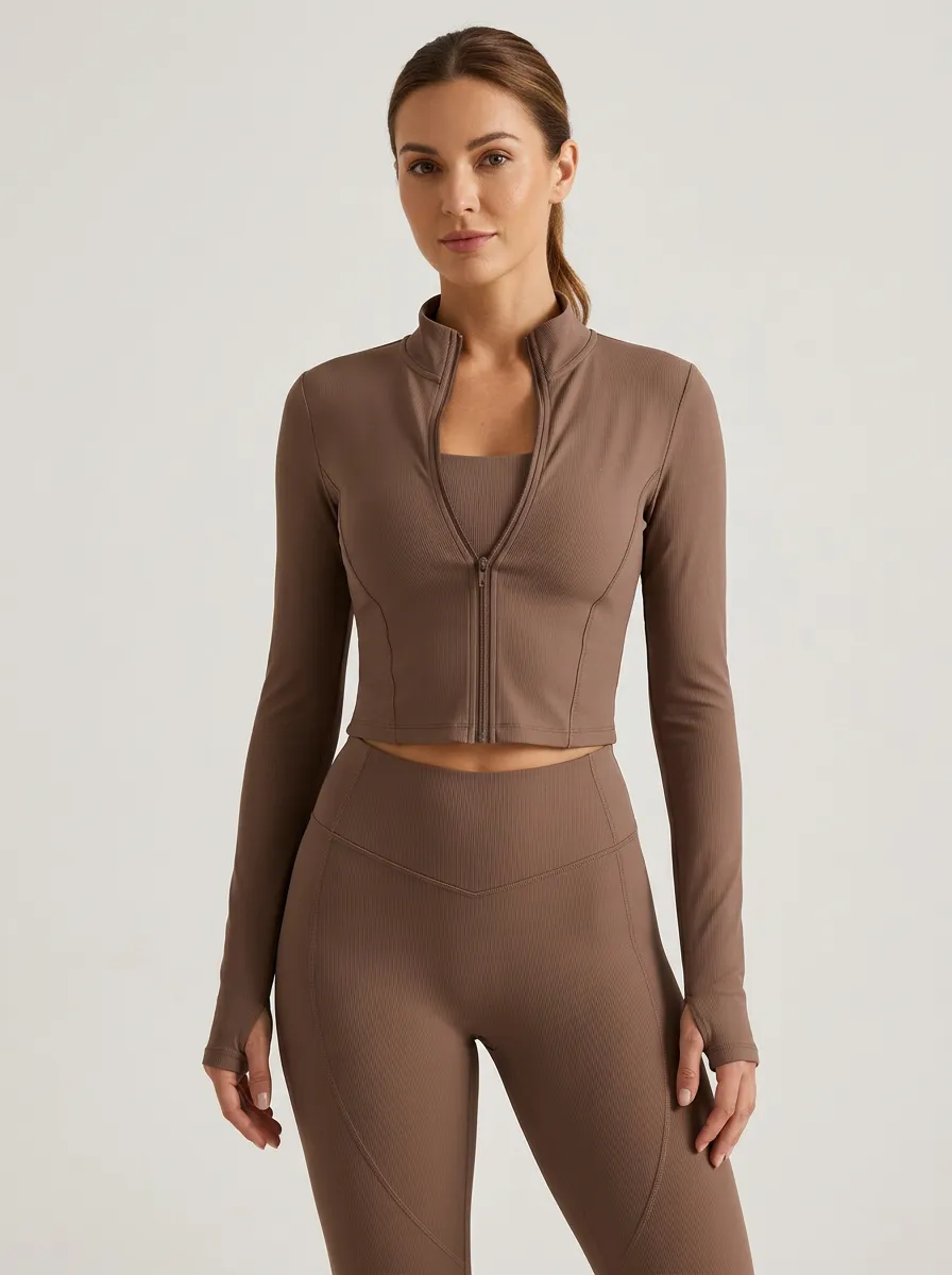Athletic Ribbed Texture Zip Detail Essential Women's Three Piece Activewear Set