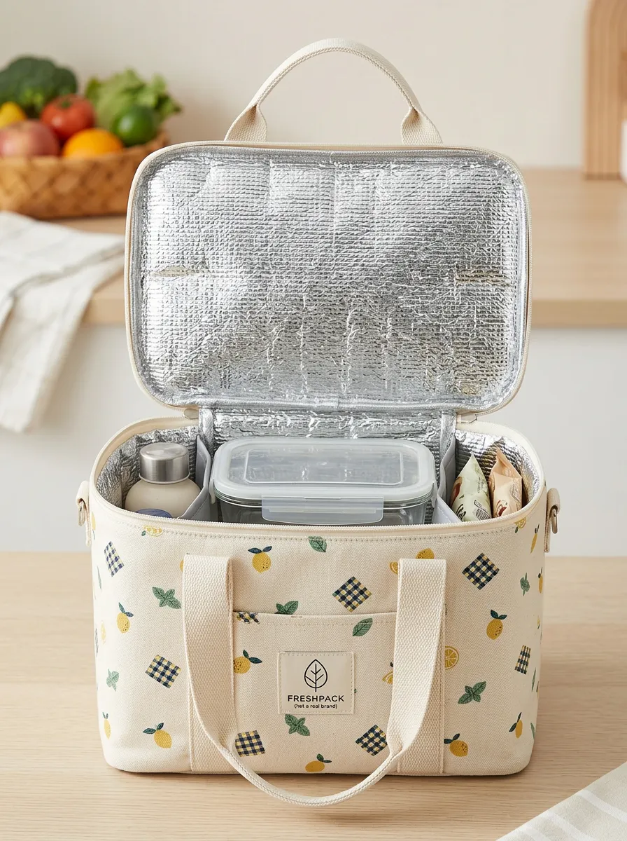Picnic Lover Lemon Gingham Pattern Printed Insulated Lunch Bag