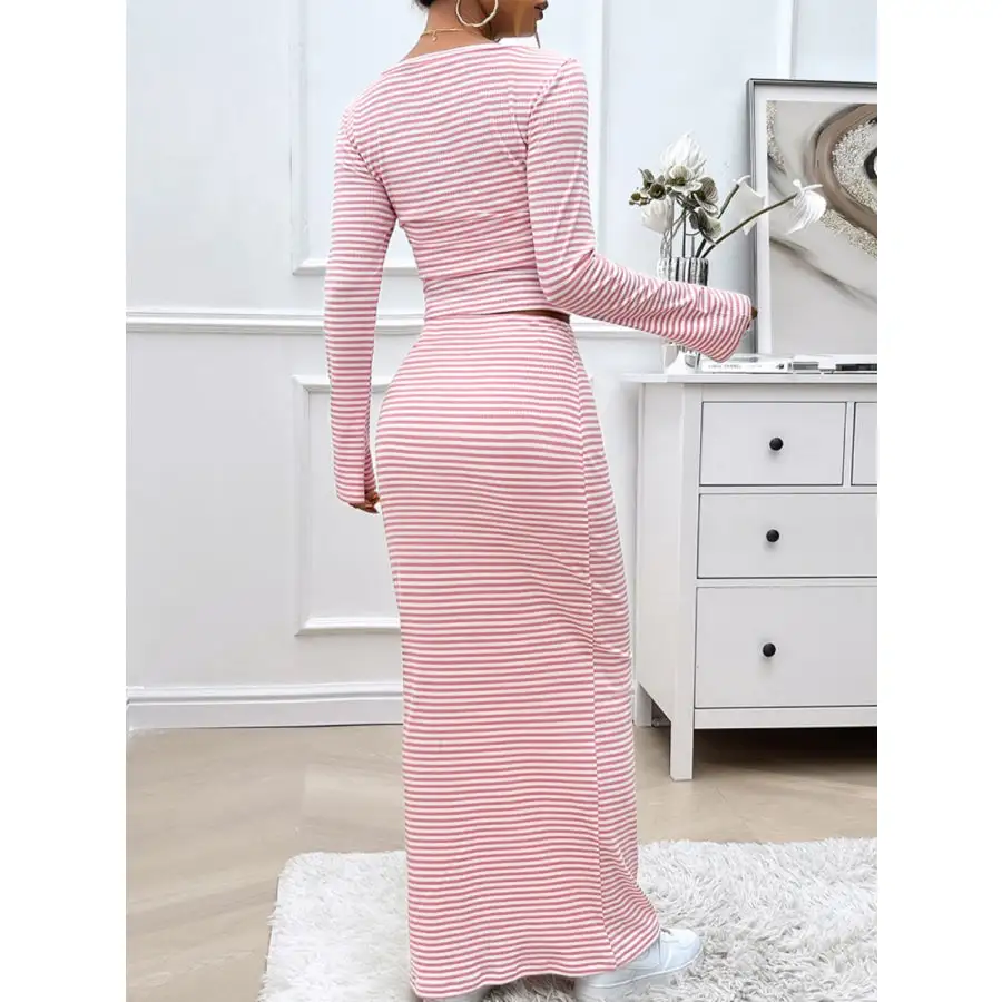 Striped Boat Neck Top and Skirt Set