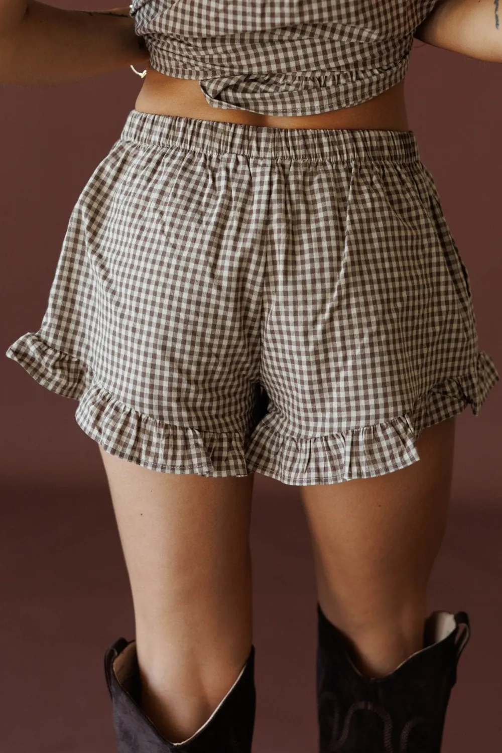 Cotton Gingham Ruffle Trim Casual Shorts