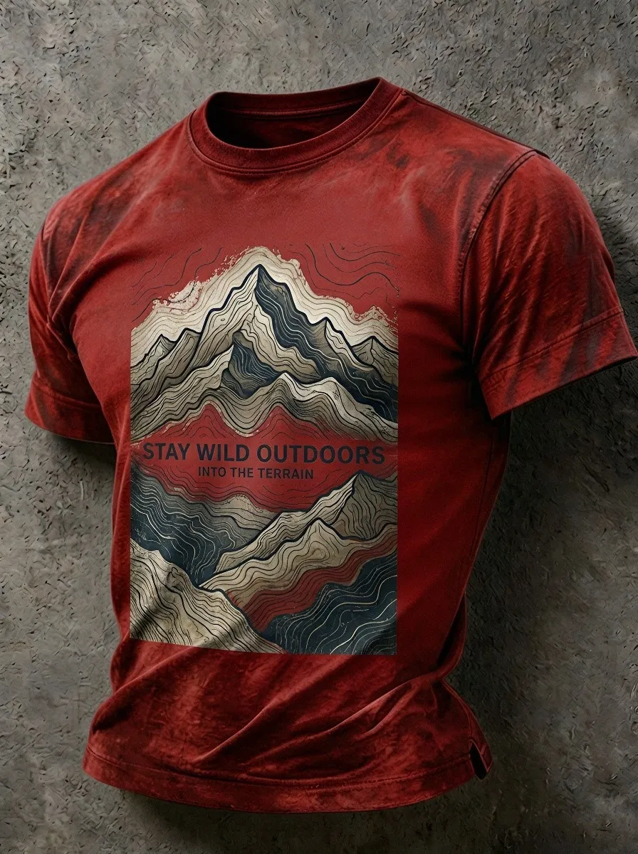 Men's Outdoor Adventure Mountain Topographic Printed T-shirt