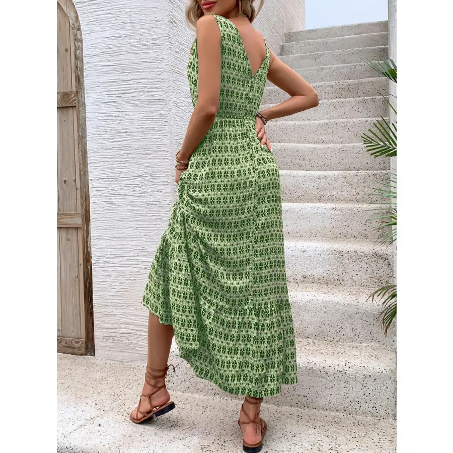 Printed V-neck Tie Waist Midi Dress