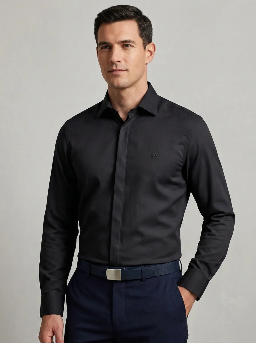 Men's Non-Iron Cotton  Logo Embroidered Long Sleeve Shirt