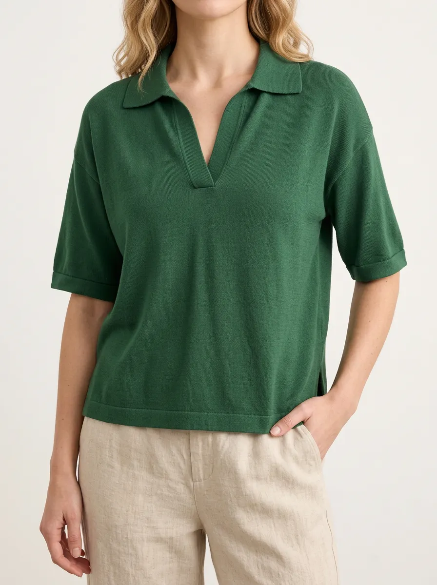 Women's Green Open Collar Polo with Short Sleeves