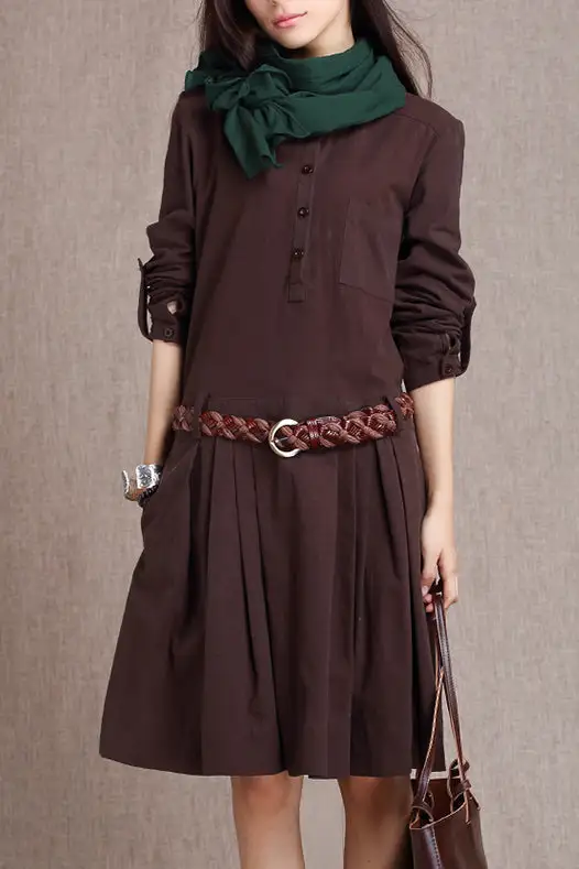 Linen Cotton Pleated Long Sleeve Midi Dress