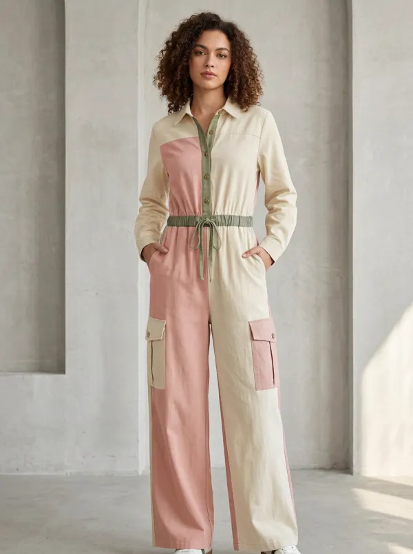 Women's Casual Two-Tone Colorblock Cargo Jumpsuit